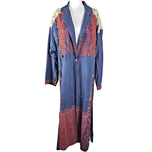 Free People Sz Medium Indigo Dreams Patchwork Jacket Embroidered Mixed Media New - Picture 2 of 15